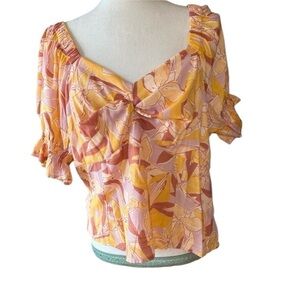 NINE West twist front blouse yellow multi color size 0X